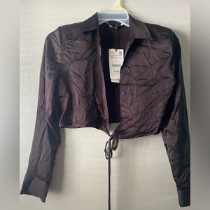 Zara Brown Long Sleeve Crop Button Down Shirt